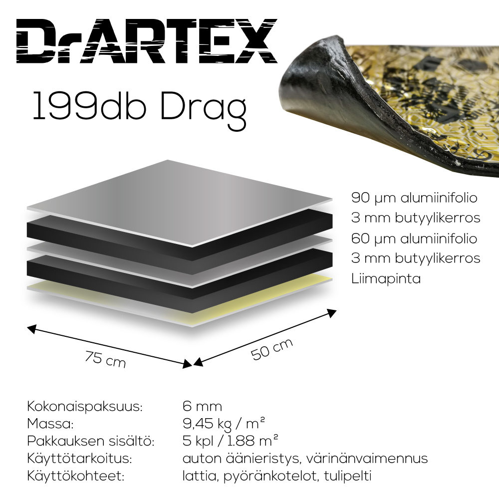 DrArtex 199dB Drag – raskas 5- kerroksinen butyylimatto – 6mm